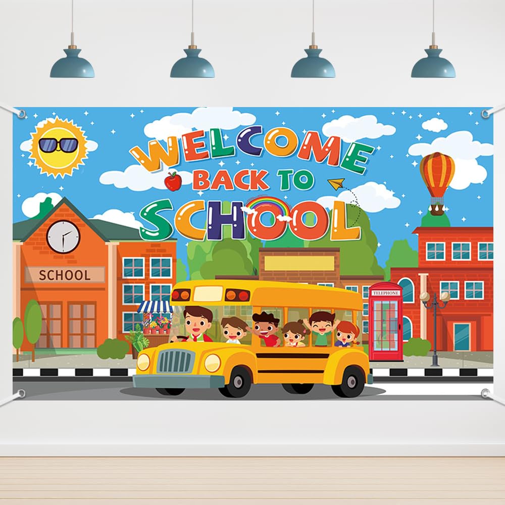 6x3.6ft Welcome Back to School Banner Decorations School Bus Welcome Banner Sign Large Backdrop for Kindergarten Elementary Pre-School School First