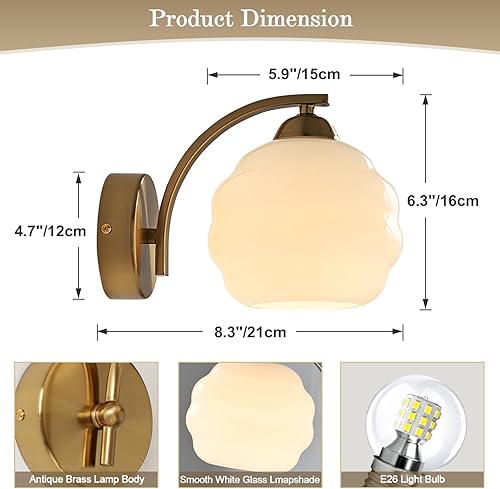 Miniatura 2 de Aplique de pared de cristal de leche, aplique de pared dorado cepillado, juego de 2 apliques de pared de mediados de siglo, apliques de pared