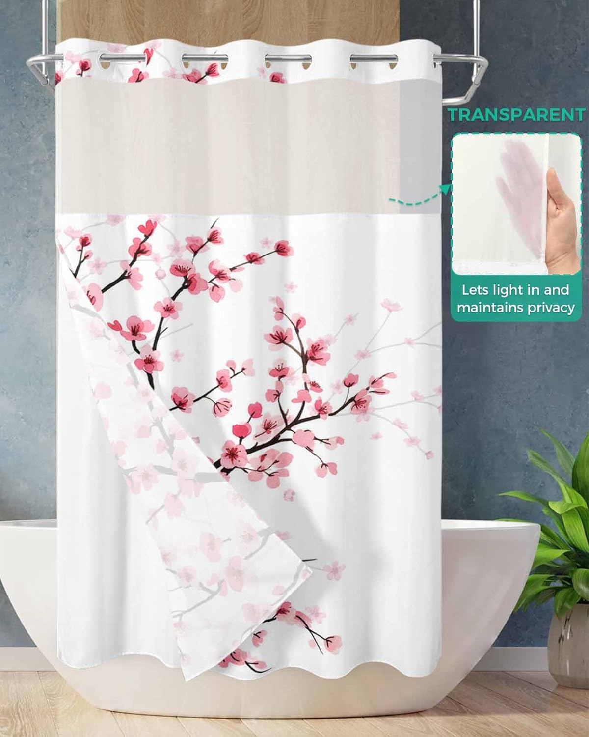 No Hook Shower Curtains with Snap in Liner, Cherry Blossom Waterproof Fabric Shower Curtain, Spring Pink Floral Branches Watercolor Double Layers & See-Through Top Window Bathroom Curtains 36''x72''