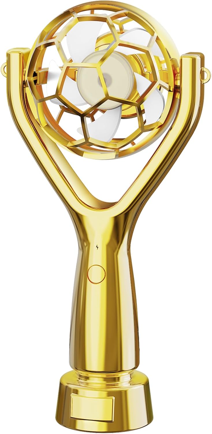 Soccer Trophy Shaped Handheld Fan, Portable USB Rechargeable Mini Fan, Safe Anti-Pinch Auto-Stop, Lightweight Stadium Fan for Game Day, Travel, Outdoor, 2026 Football Event Gifts, Gold-2 Pack