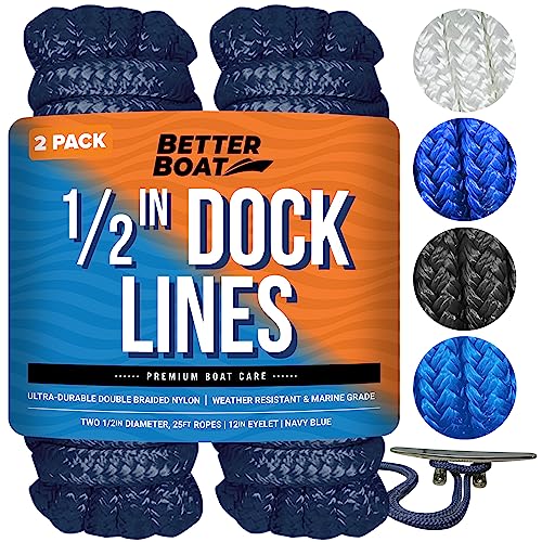 Boat Dock Lines 1/2 in Nylon Rope with 12" loop, 25 ft, Navy Blue, 2 Pack
