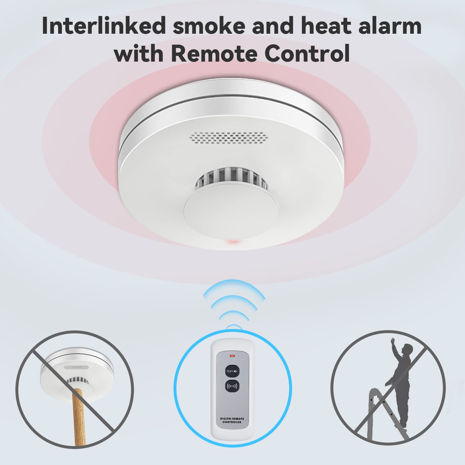 CPVAN Wireless Interlinked Smoke, Heat & Carbon Monoxide Alarm Bundle with Remote Control, Scotland & England Law Compliant, 10 Year Battery, CE & BS Certified, Pre Linked. 5 Pack