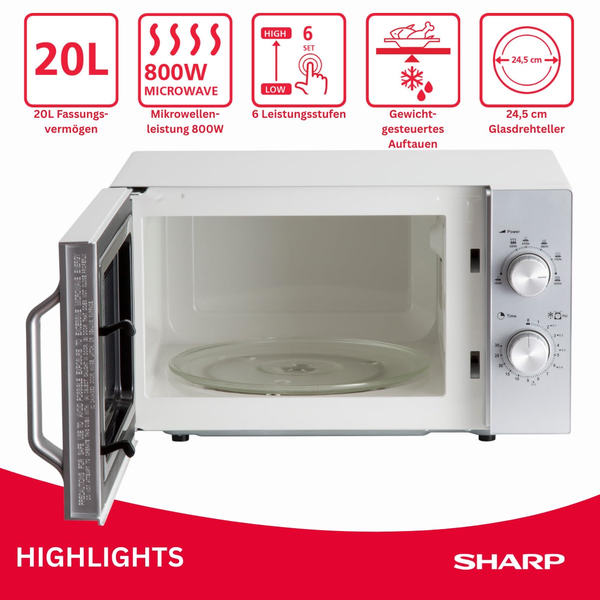 Sharp R204S Solo-Mikrowelle/ 20 L/ 800 W/ 6 Leistungsstufen/Zeitschaltuhr von 30 Minuten bis 00 Sekunden/Gewichtgesteuertes Auftauen/Glasdrehteller (24, 5 cm)/ Silber