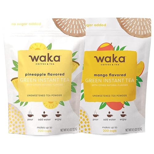 Waka Mezcla de té instantánea, paquete de 2 bolsas, 100% hojas de té, sin aditivos, polvos de té sin azúcar, sabor a piña y verde con sabor a mango