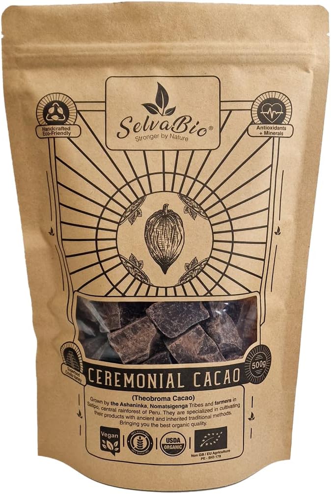 Organic Ceremonial Grade Cacao - 100% Raw Criollo Variety from Farmers and Ashaninka & Nomatsigenga Tribes in Peru, 500g