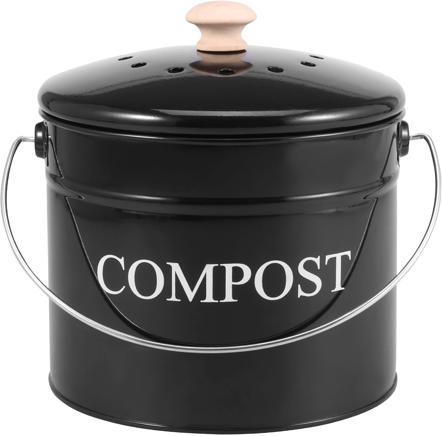3L Compost Bin Kitchen with Lid and Handle 21 x 21 x 20 cm Compost Bin Kitchen with Carbon Filter Metal BPA-Free Odourless Organic Waste Bin for the Kitchen (Black)