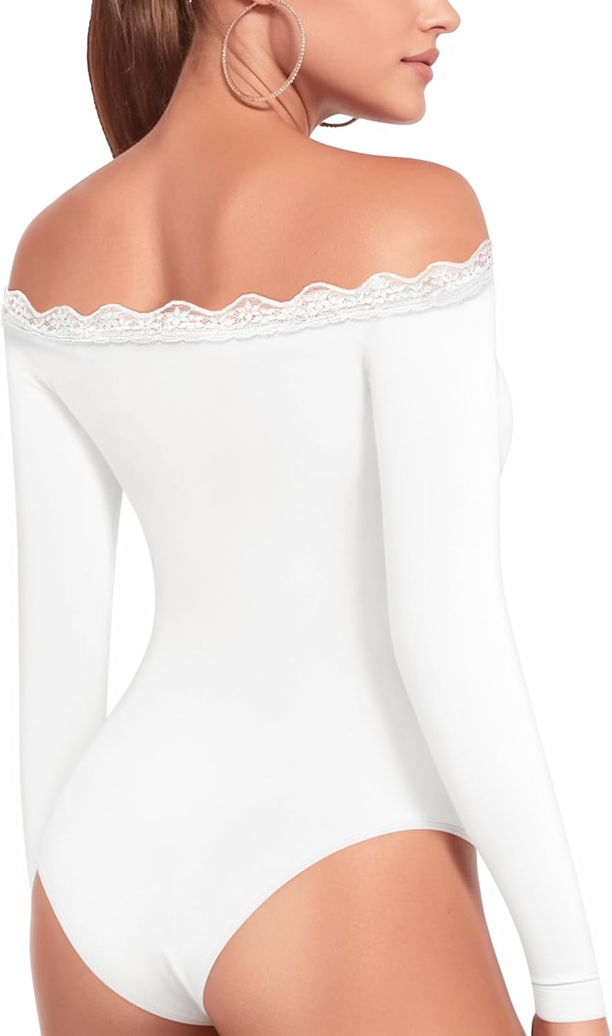 MANGOPOP Women's Off The Shoulder Long Sleeve Bodysuit Lace Body Suits Sexy Tops Fall Outfit 2025 - Image 3