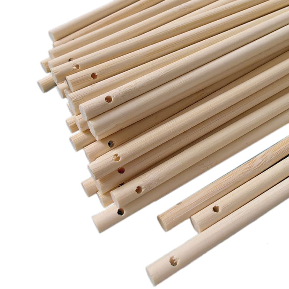 60 pezzi di bastoncini di bambù naturale, legnetti rotondi con foro, bastoncini di legno per fai da te, bastoncini tondi in legno massiccio per artigianato, legno per costruzioni in legno per