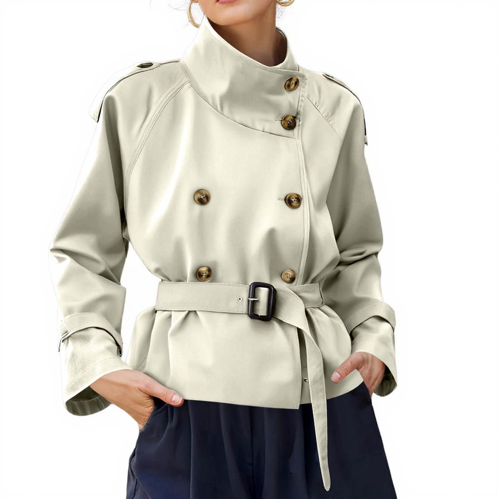 Ansenesna Übergangsjacke Damen Elegant Trenchcoat Kurz Mit Gürtel Wintermantel Ohne Kapuze Stehkragen Jacke Mantel Frauen Vintage Zweireihig Herbstjacke Kurzmantel Übergang Damen-Mäntel