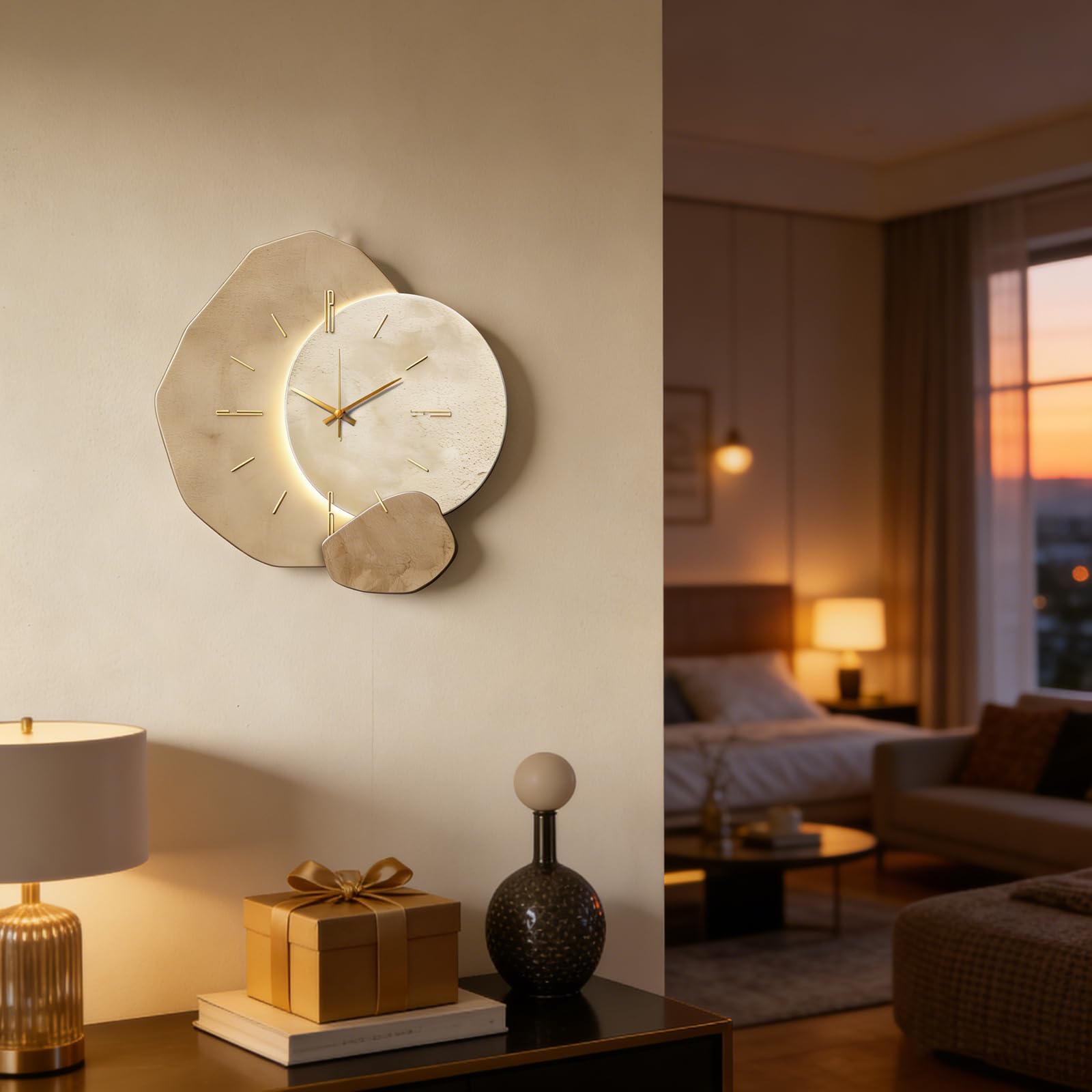 Horloge murale LED beige 60x60 cm moderne et silencieuse pour décoration de salon