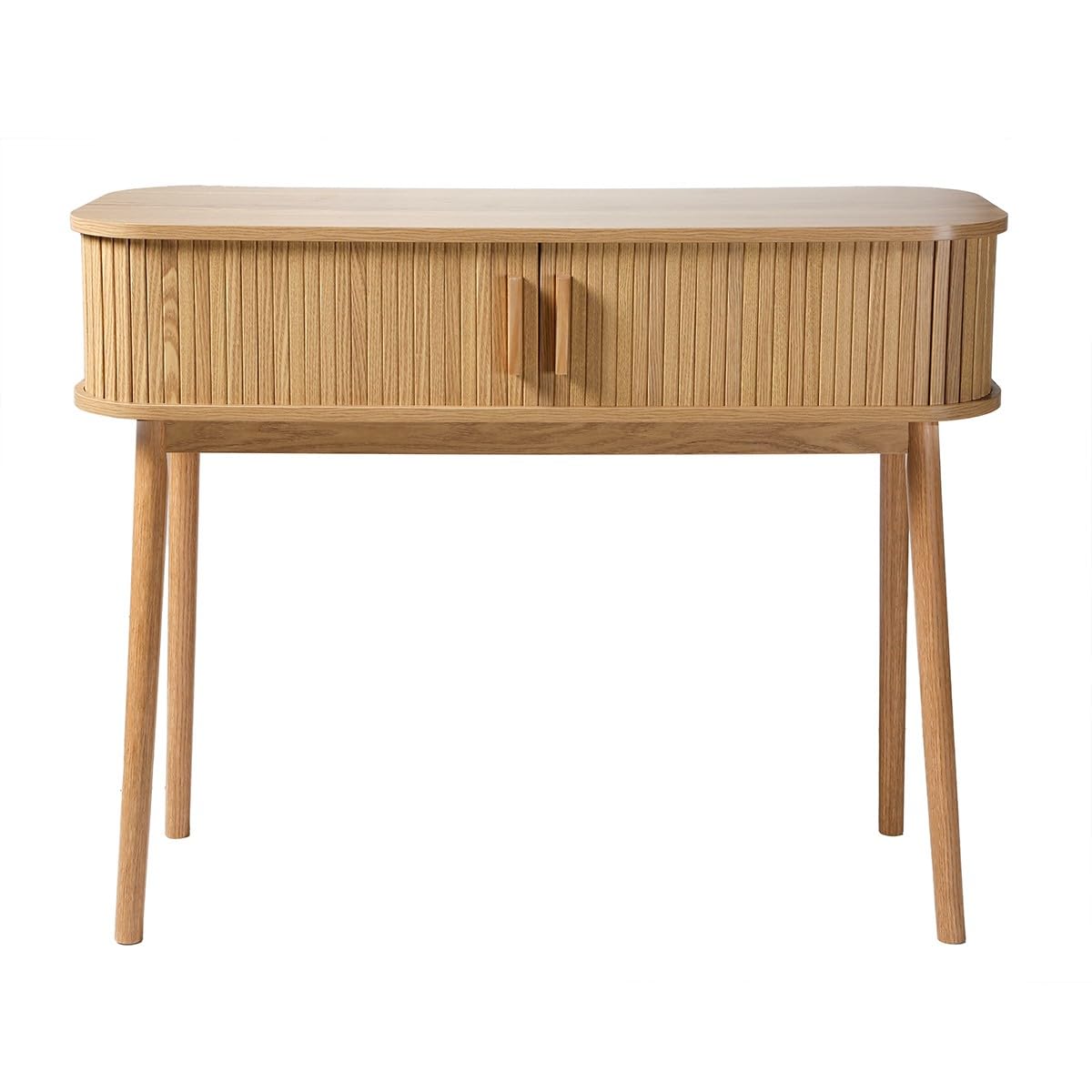 Calicosy – Consola de 2 puertas correderas – Fachada ranurada – Decoraciones de roble – Paneles de partículas – Patas de pino – Asas de madera – Entrada, Pasillo, Salón – Estilo natural – 100 x 35 x
