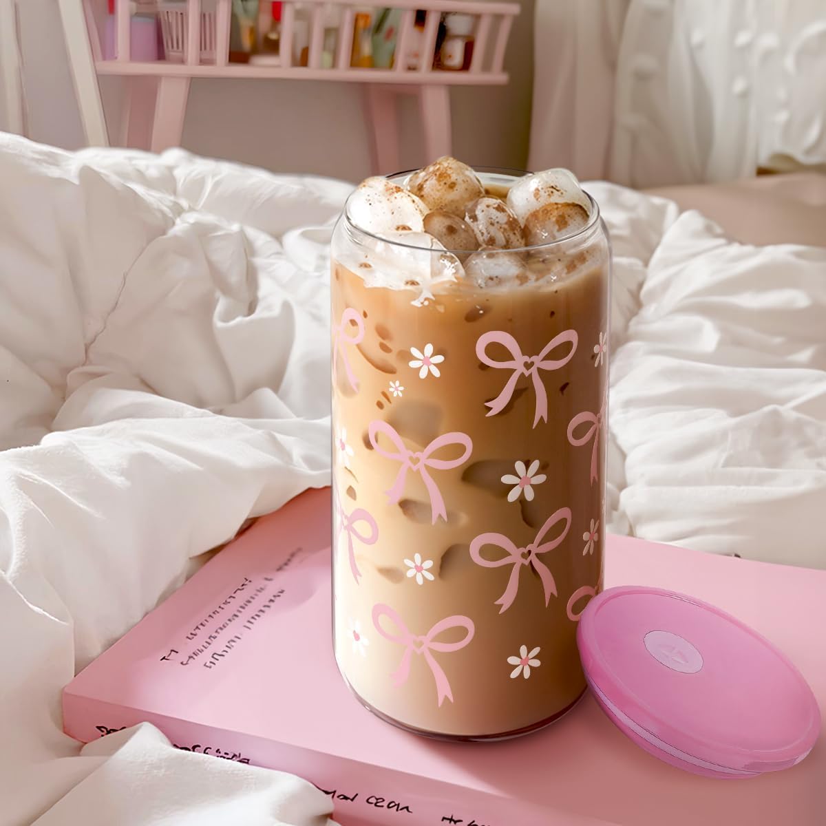 SANDJEST Bow Glass Can, Bows Cup with Lid & Straw, Iced Coffee Aesthetic Cups, Idea Gift for Christmas Birthday Mother Day, Gifts for Women, 16oz - Image 4