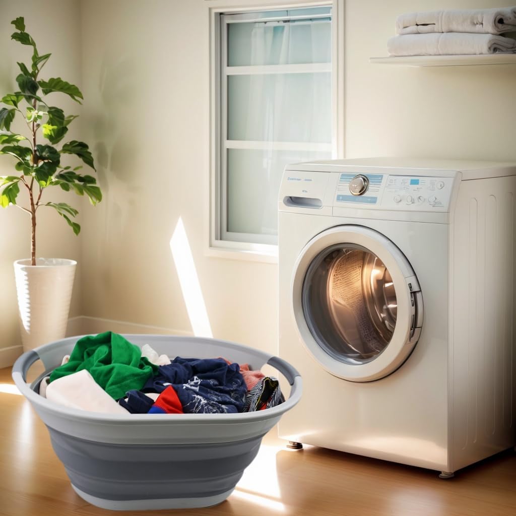 SAMMART 28L (7.4 Gallon) Oval Collapsible Plastic Laundry Basket - Foldable Pop Up Storage Container/Organizer - Portable Washing Tub - Space Saving Hamper/Basket (Grey (Set of 2))