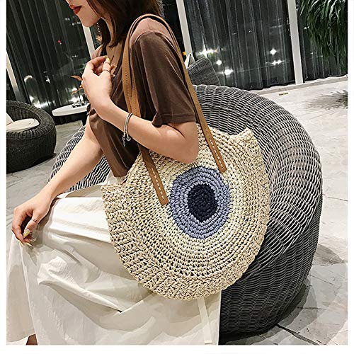 Bolso de paja redondo para verano, bolso tote grande de tejido grueso para playa, viaje y uso diario para mujeres (beige) miniatura 5