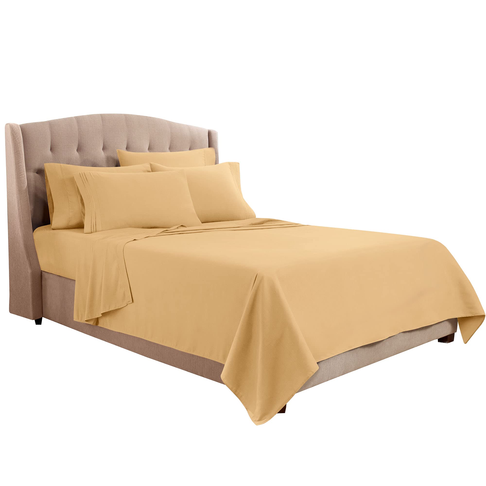 Clara Clark Premier 1800 Collection 6pc Bed Sheet Set with Extra Pillowcases - Queen, Camel Gold