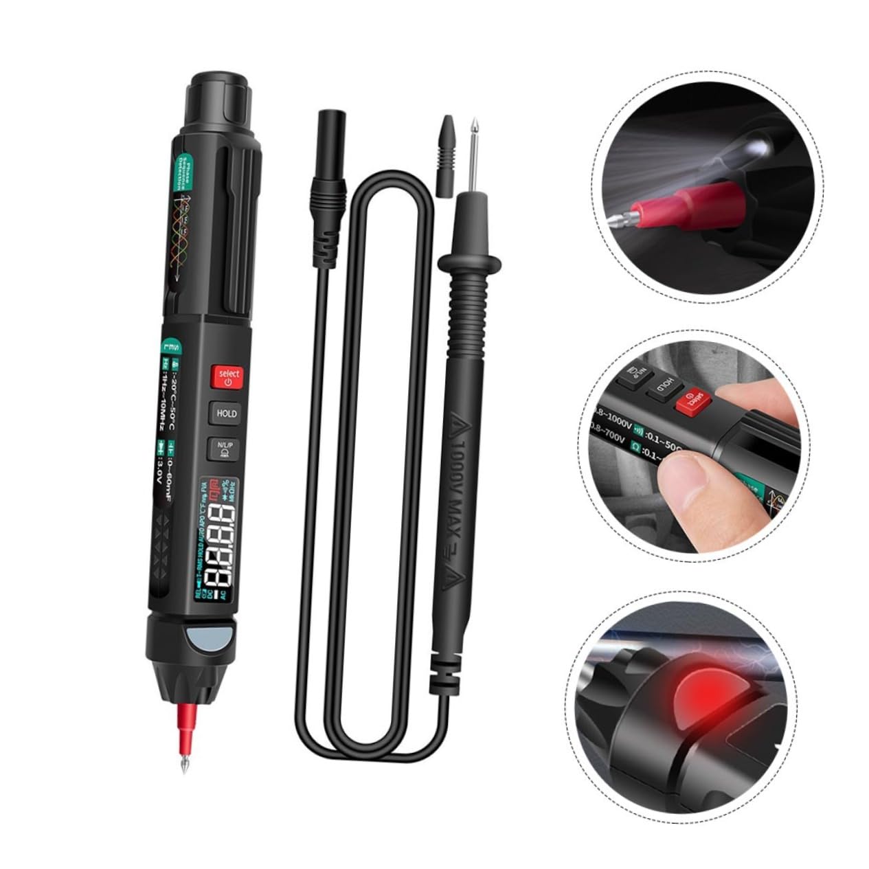 Tester Elettrico Intelligente A3008 con Display a Colori e Rilevazione Ncv | Portatile, Selezione Automatica della Sensibilità, Nero Abs, Batteria a Bottone Inclusa