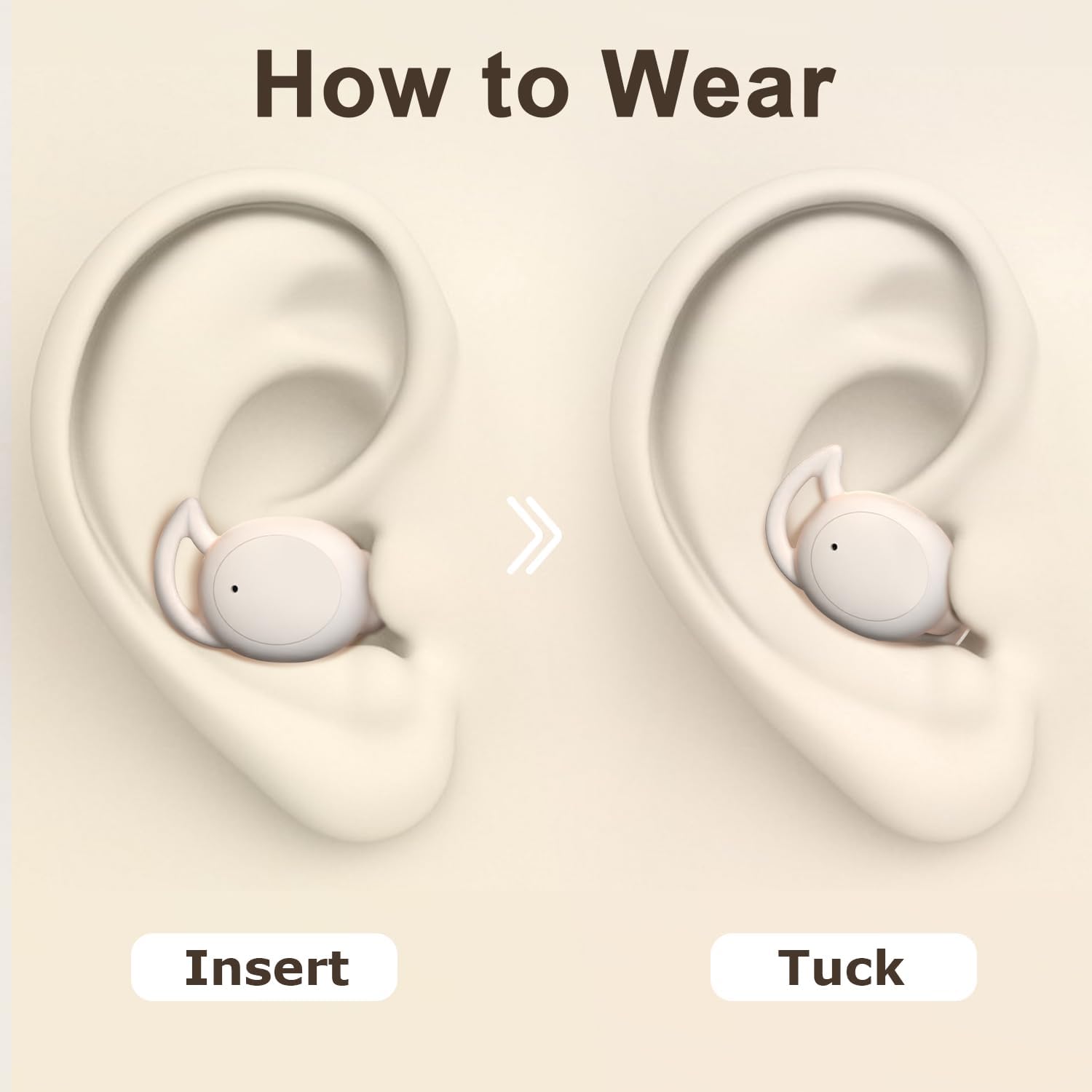 Diagram showing how to insert and tuck the YUANJ Sleepbuds N6 into the ear.