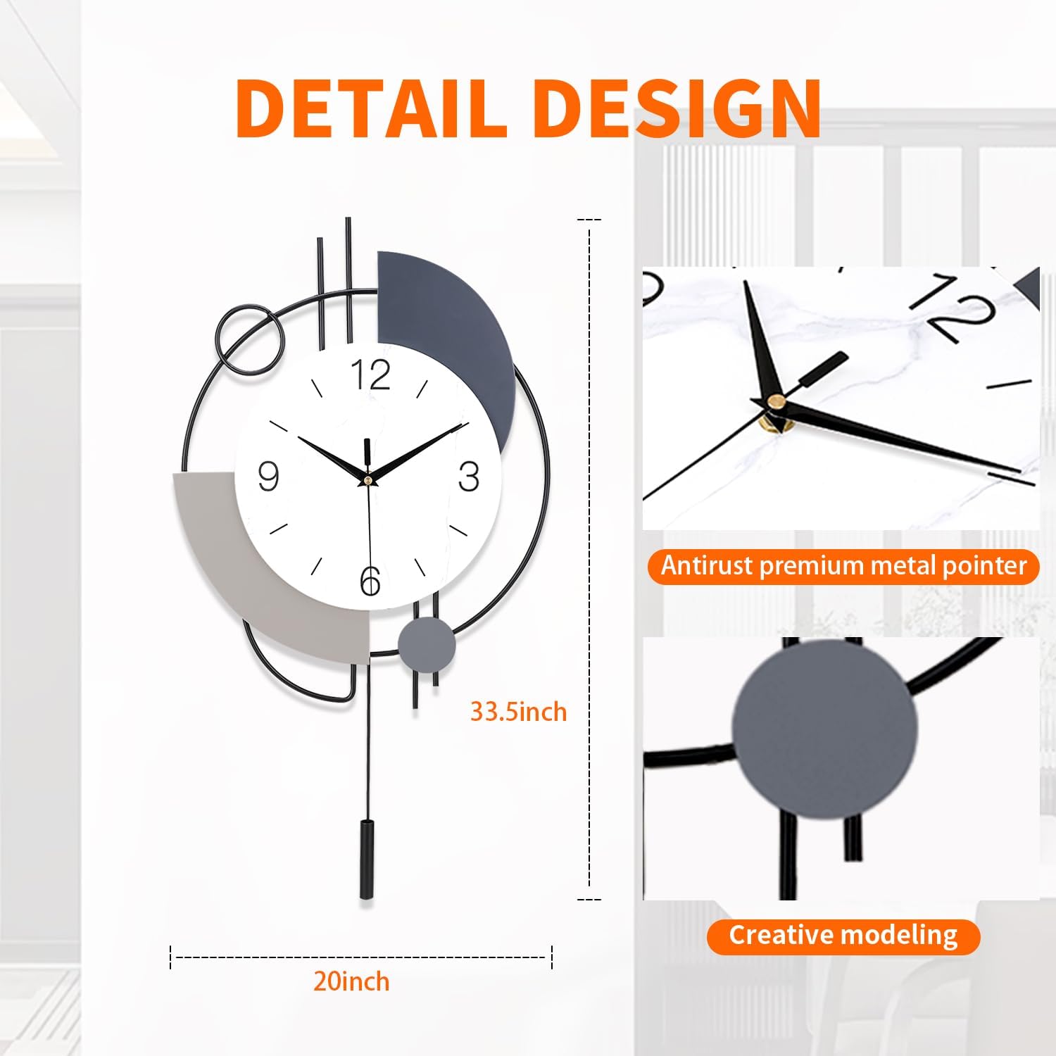 Dankeit Decorative Wall Clock with Pendulum,Silent Non-Ticking Quartz Battery Operated,Large Wall Clock for Living Room,Kitchen,Home,Bathroom,Bedroom Wall Decor,20x33.5 inch(Black)