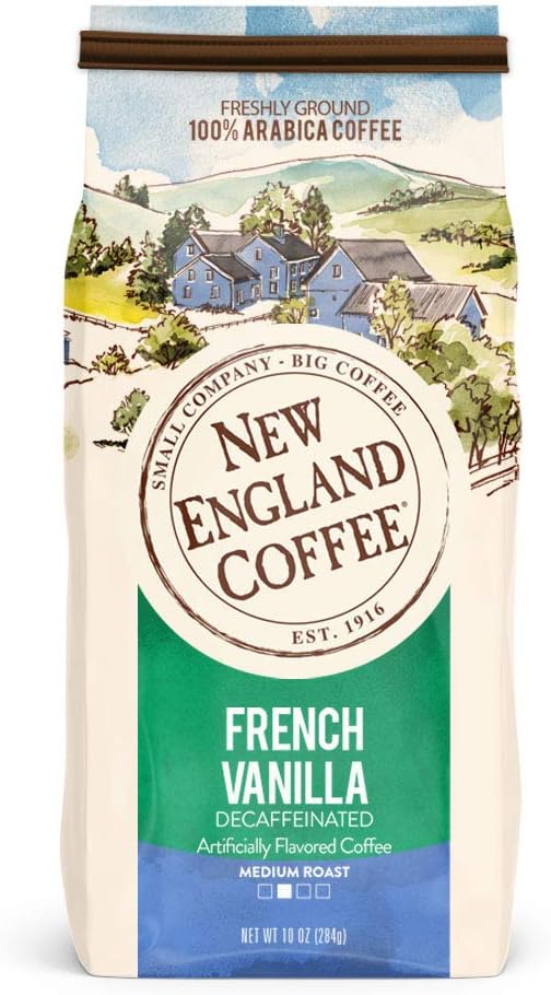 New England Coffee French Vanilla, Decaffeinated Medium Roast Ground Coffee, 10 Ounce Bag
