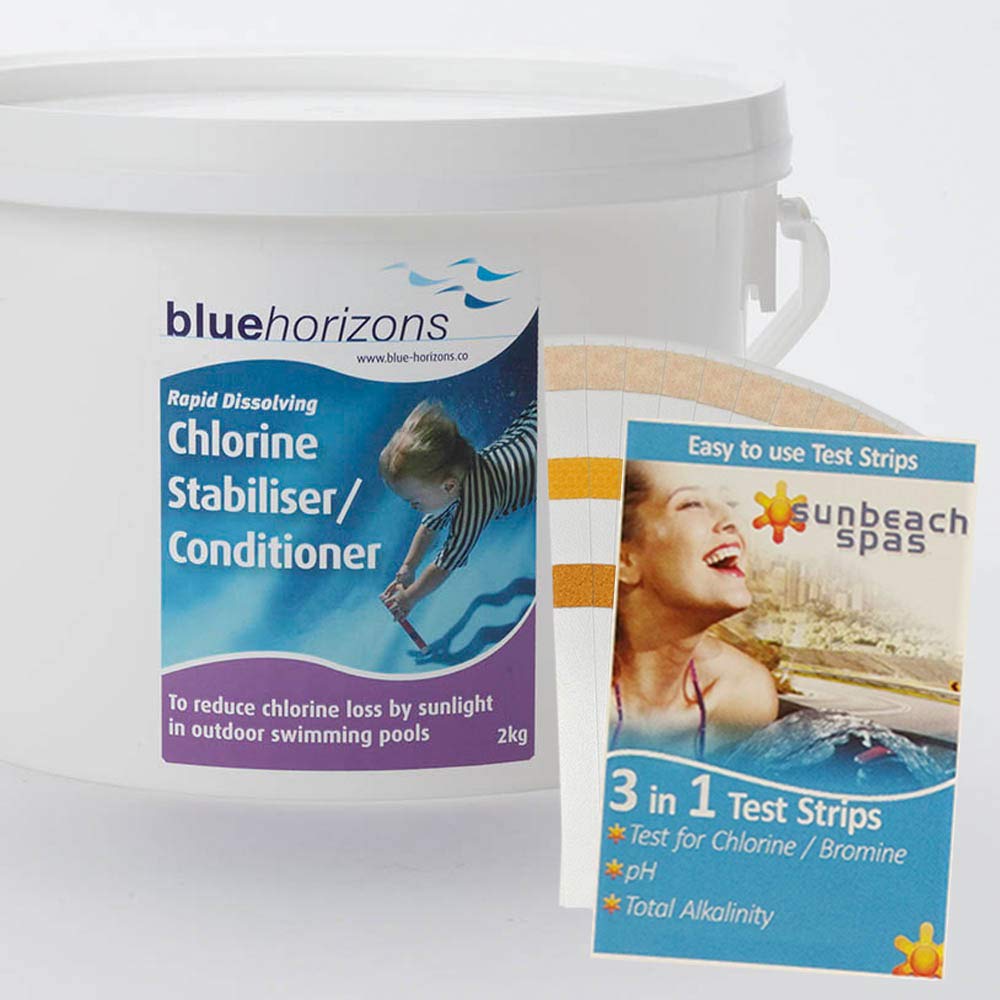 Blue Horizons Rapid Dissolving Chlorine Stabiliser 2kg with 50 Sunbeach Test Strips