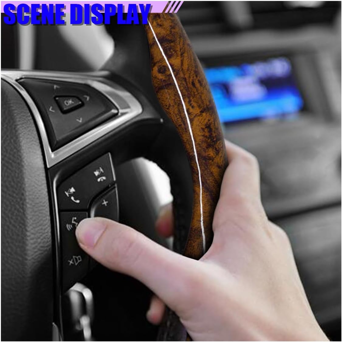 2PCS Wood Grain Car Steering Wheel Cover, 15 Inch Soft Leather Anti Slip Car Steering Wheel Protector, Universal Breathable Automotive Interior Accessories for Men Women (Brown)