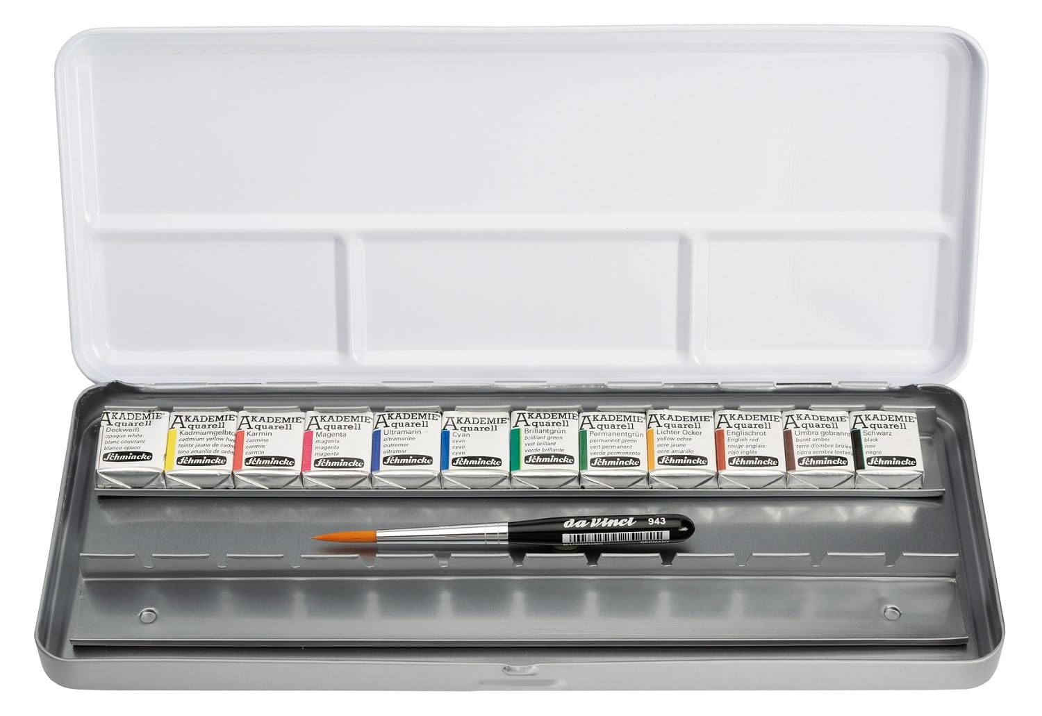 Schmincke – Academia Caja de acuarela, surtido básico 12 x 1/2 cuencos + pincel 75 775 097