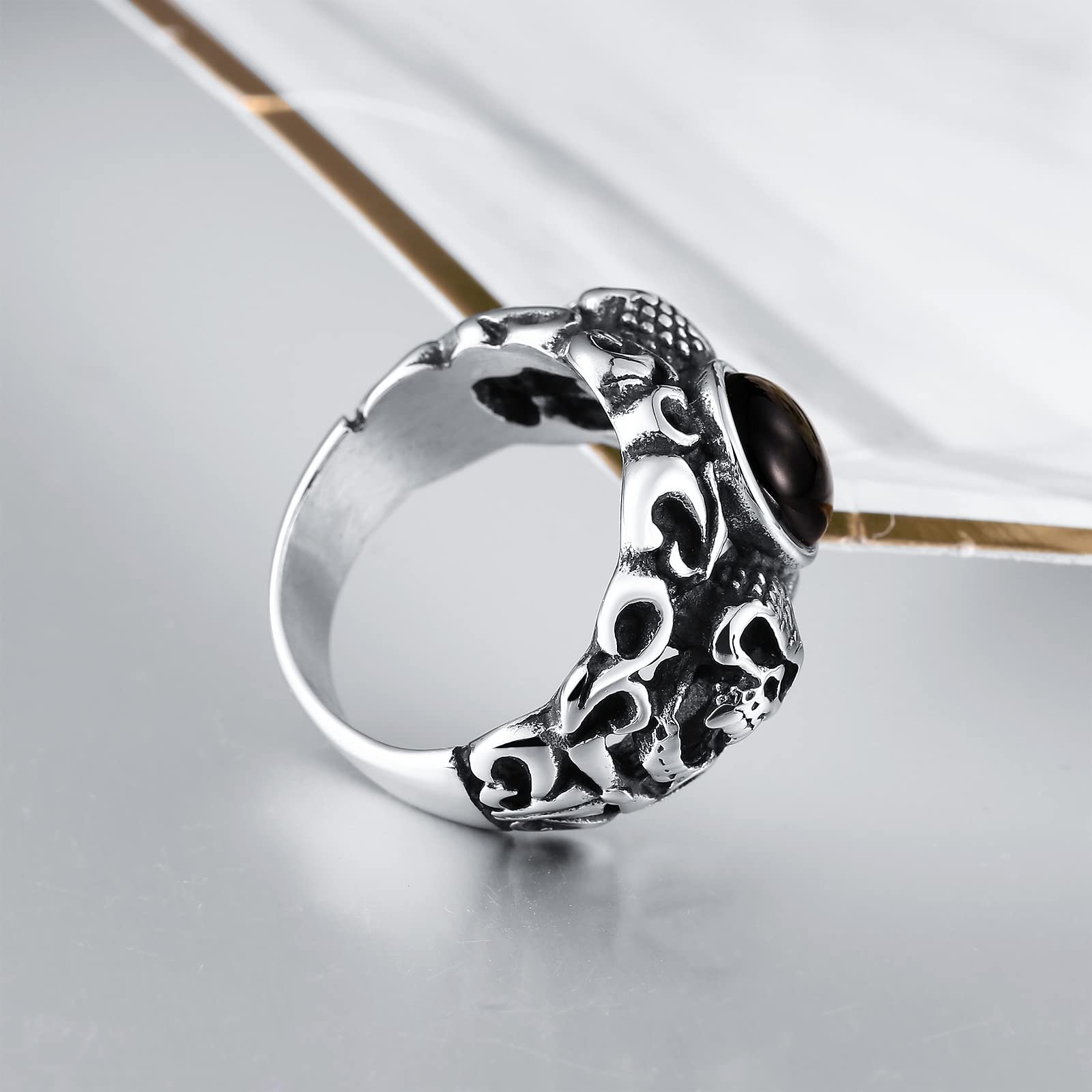 Anello A Fascia Uomo Acciaio Anelli Fidanzamento Uomo Anello Teschio Gotico con Pietra Rotonda Anelli Fidanzamento Marrone/Nero Taglia 15 to 25