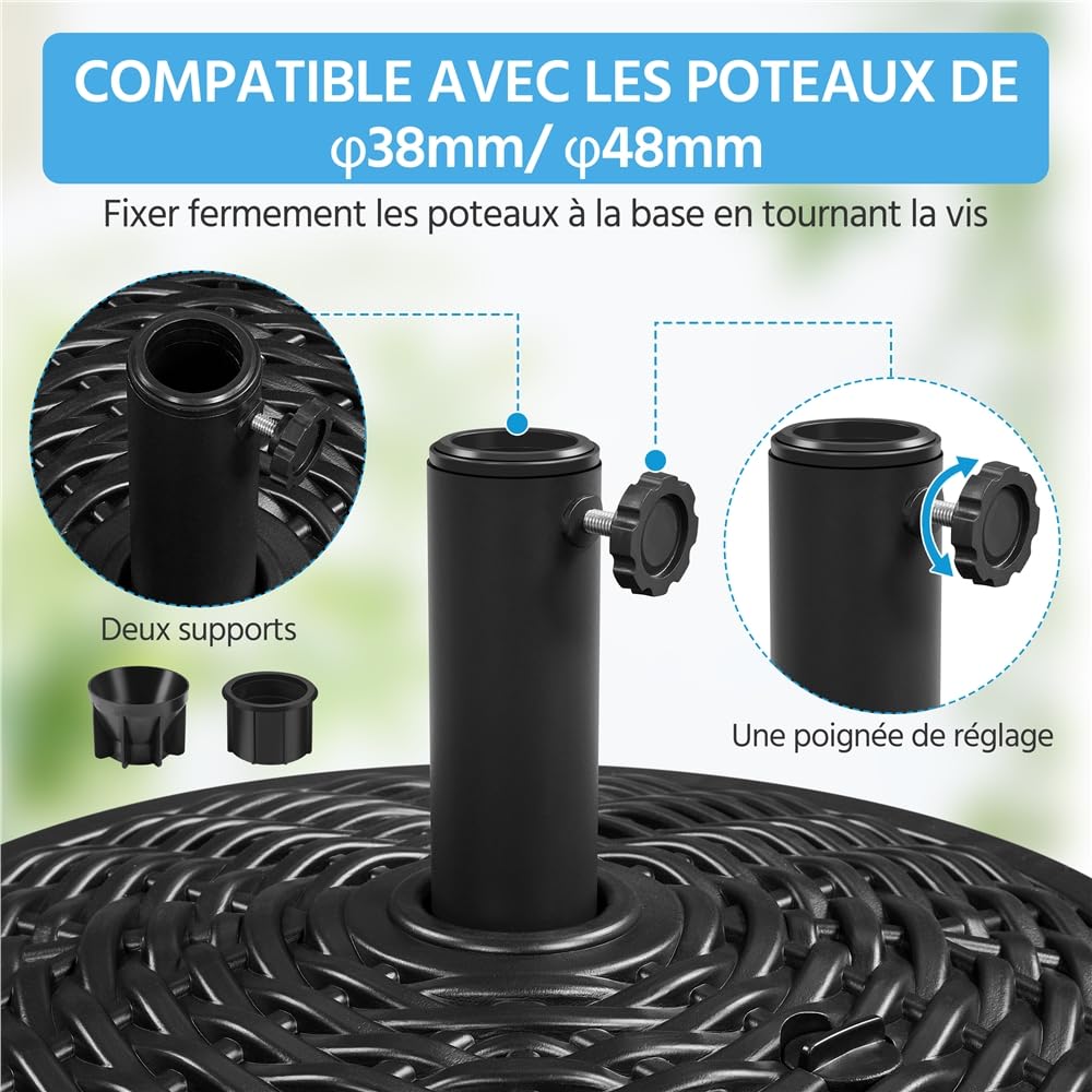 Yaheetech Pied de Parasol Remplie d'eau 22 L Base de Parasol en HDPE Imitation Rotin Socle de Parasol Extérieur pour Mât de Parasol de Ø 3,8 cm/4,8 cm Jardin Terrasse Piscine Noir