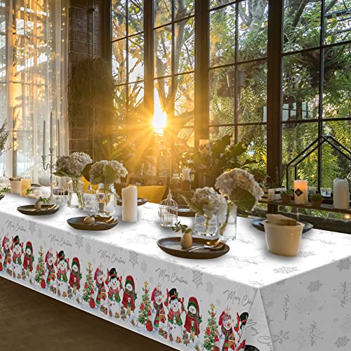 3Pcs Christmas Snowman Tablecloth,Plastic Christmas Snowman Snowflake Winter Table Cover With Xmas Tree For Christmas Winter Holiday Themed Party Decorations And Supplies,54X 108Inch（White） #TOP5