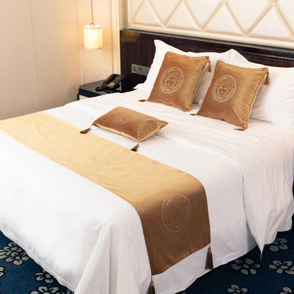 QRGMKL European Style Bed Runner Hotel Bed Scarf Bedspreads Coverlets Luxury Bed Runners and Matching Cushions Bedroom Bedding Protector-Gold||210X45cm for 1.5m Bed