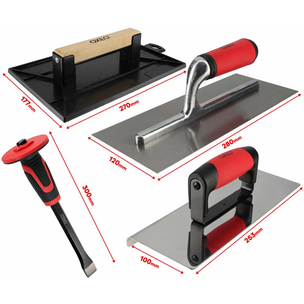 Kit 11 outils maçonnerie - 4 truelles - Taloche - platoir - Auge 10L - Fer à bordure - Torsadeuse fil de fer - Marteau - Burin