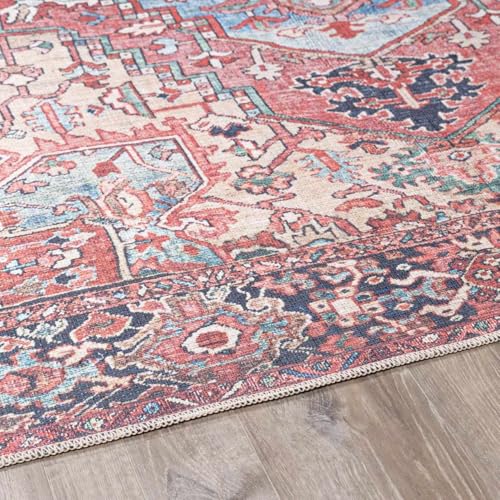 Image of Hauteloom Neyland Machine Washable Living Room Area Rug - Oriental Traditional Medallion Carpet - Vintage Bohemian Look - Dark Red, Burgundy, Blue - 5' x 7'6 inch