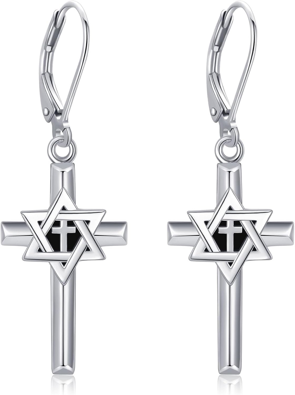 YFN 925 Sterling Silver Crucifix St Benedict Earrings Cross Star of David Dangle Drop Earrings Jewish Judeo Christian Religious Jewelry for Women Men