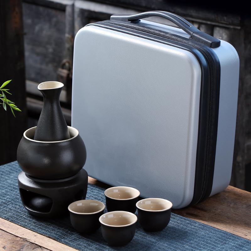 Japanese Sake Warmer Set Ceramic Tokkuri Cups Black Porcelain With Carry Bag