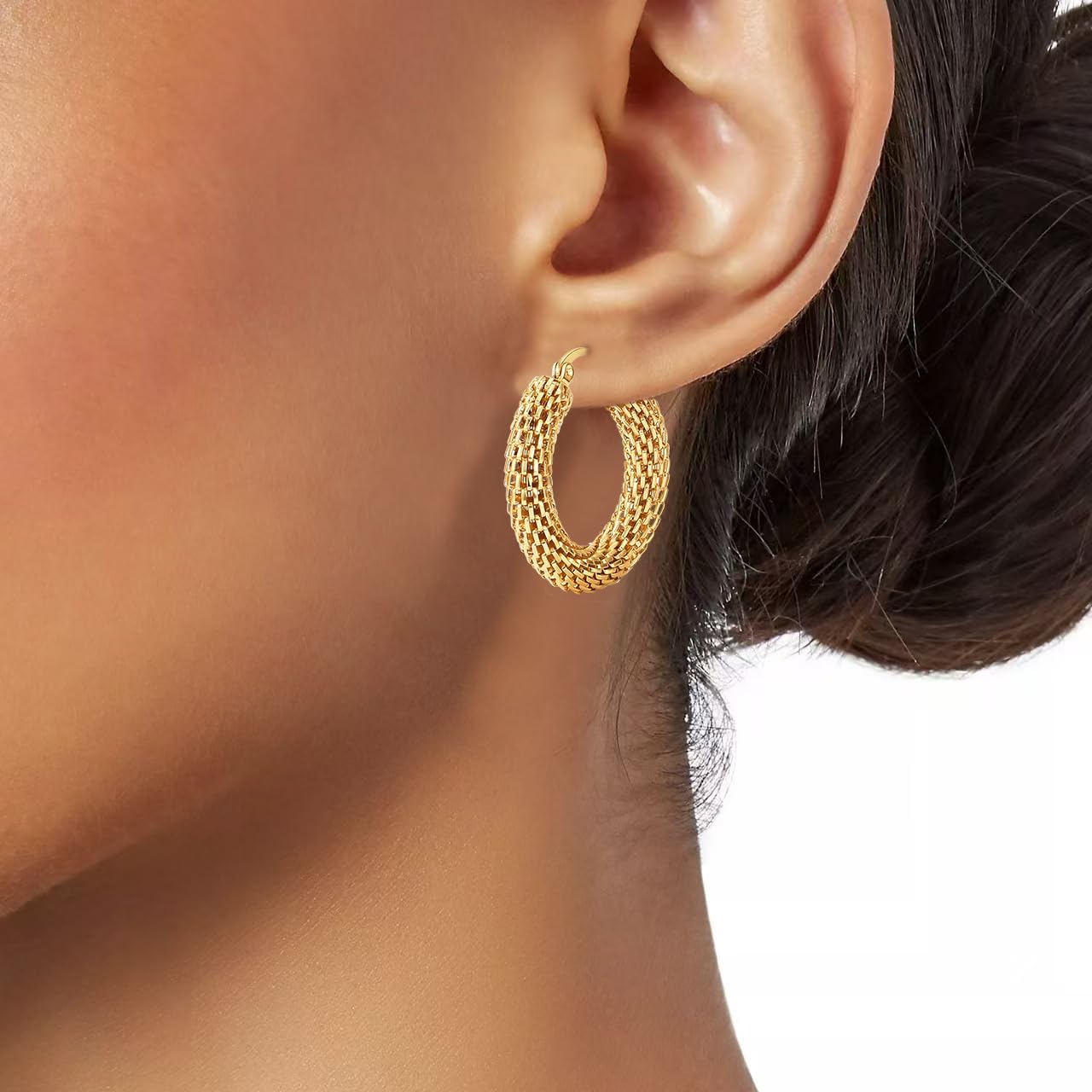 14K Gold Plated Link Filigree Hoop Earrings Titanium Hypoallergenic Chunky Gold Hoops - Image 3