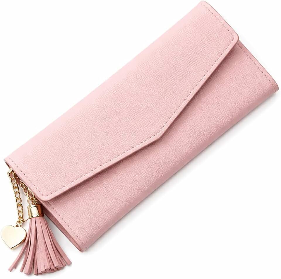 Carteira Feminina Grande Estilo Envelope com Zíper, Pingente Coração e Borla, Porta Cartões, Elegante e Moderna (Rosa)