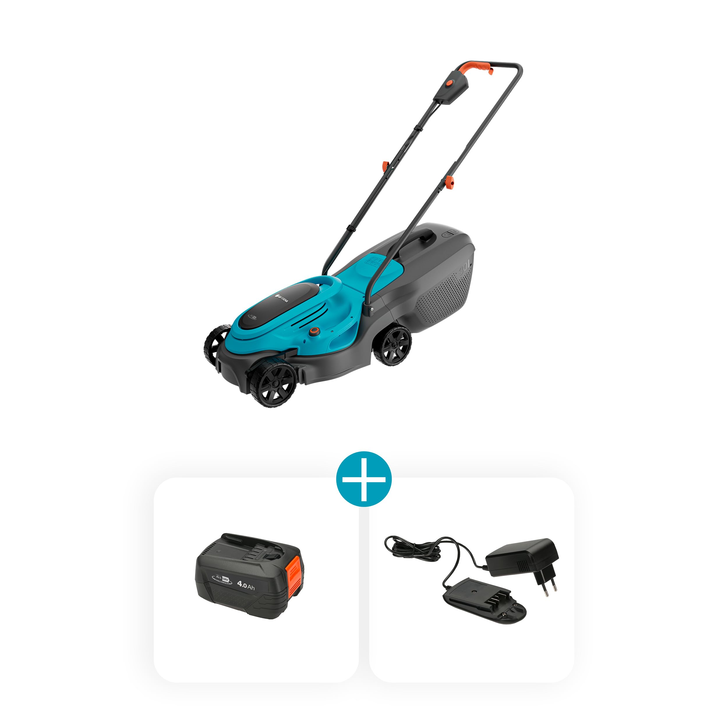 Gardena Akku-Rasenmäher EasyMax 32/18V P4A Ready-to-Use Set: Schneidmesser, Leichtgewicht, Höhenverstellung, Grasauffang, Kabellos (14634-20)