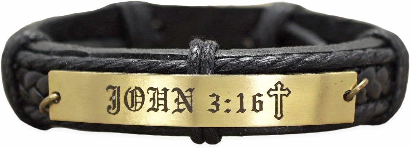 Custom Bible Verse Bracelet for Men- John 3:16, Personalized Scripture Jewelry, Cross Charm Engraved, Brass Black Leather Cuff