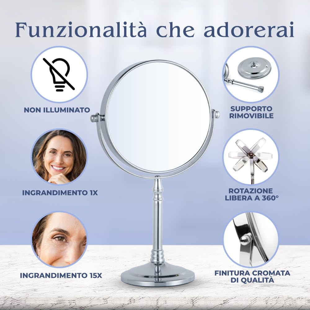 Mirrorvana specchio da tavolo per trucco con ingrandimento 15X e 1X, ideale per make up e toeletta da bagno, specchietto ingranditore 30 x 15 cm (cromo)