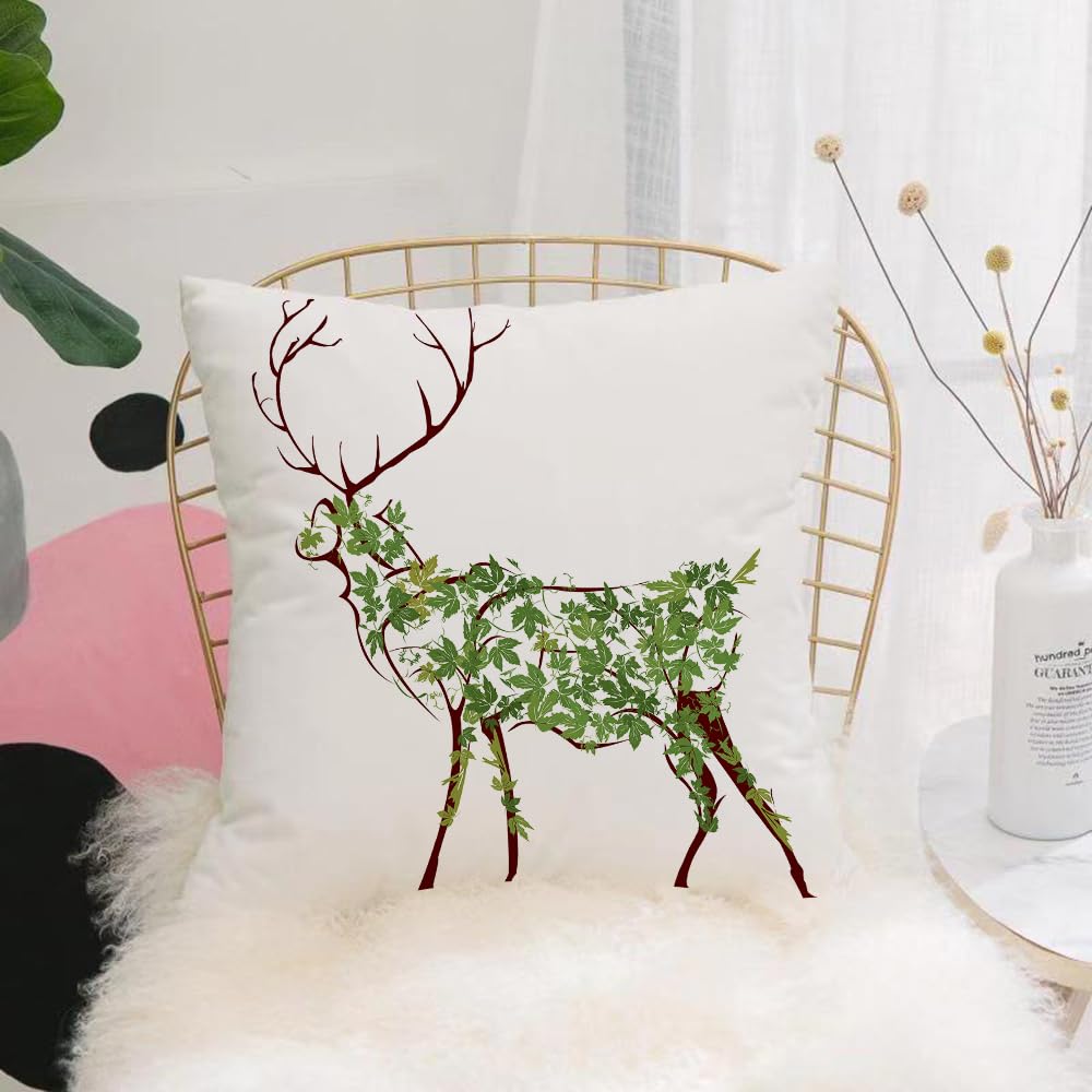 HYOSXW Cushion Cover,Throw Pillow Case Home Decorative for Living Room Bedroom Sofa Chair 16X16 Inch,Antlers Set, Designer Deer Illustration Moose Leaving Green,Pillowcase 40X40cm