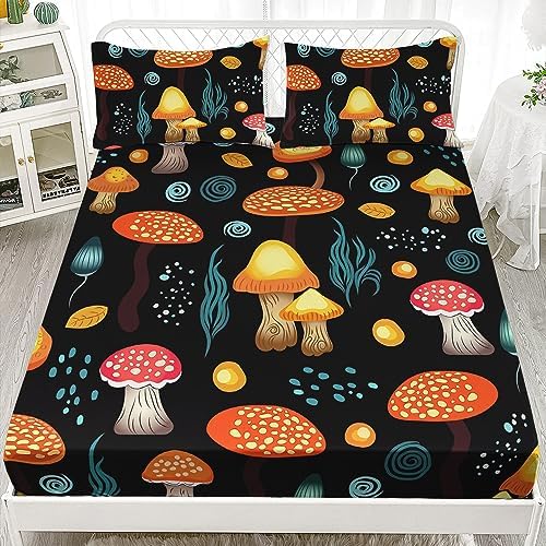 AILONEN Mushroom Fitted Sheet Twin XL Size, Natural Wild Fungus Bedding Set for Kids Girls Boys,Cute Cartoon Mushroom Bed Sheet Set,3PCS,1 Fitted Sheet and 2 Pillowcase