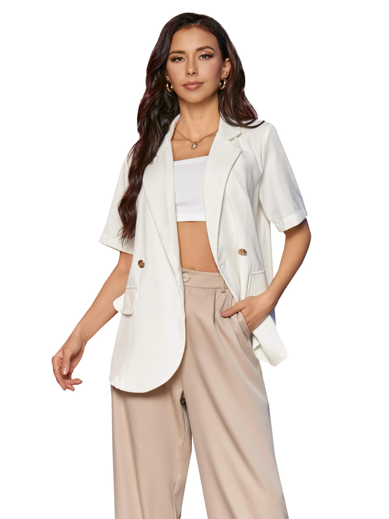 SweatyRocks Womens Casual Blazer Short Sleeve Open Front Notch Lapel Loose Work Office Suit Blazer Jackets