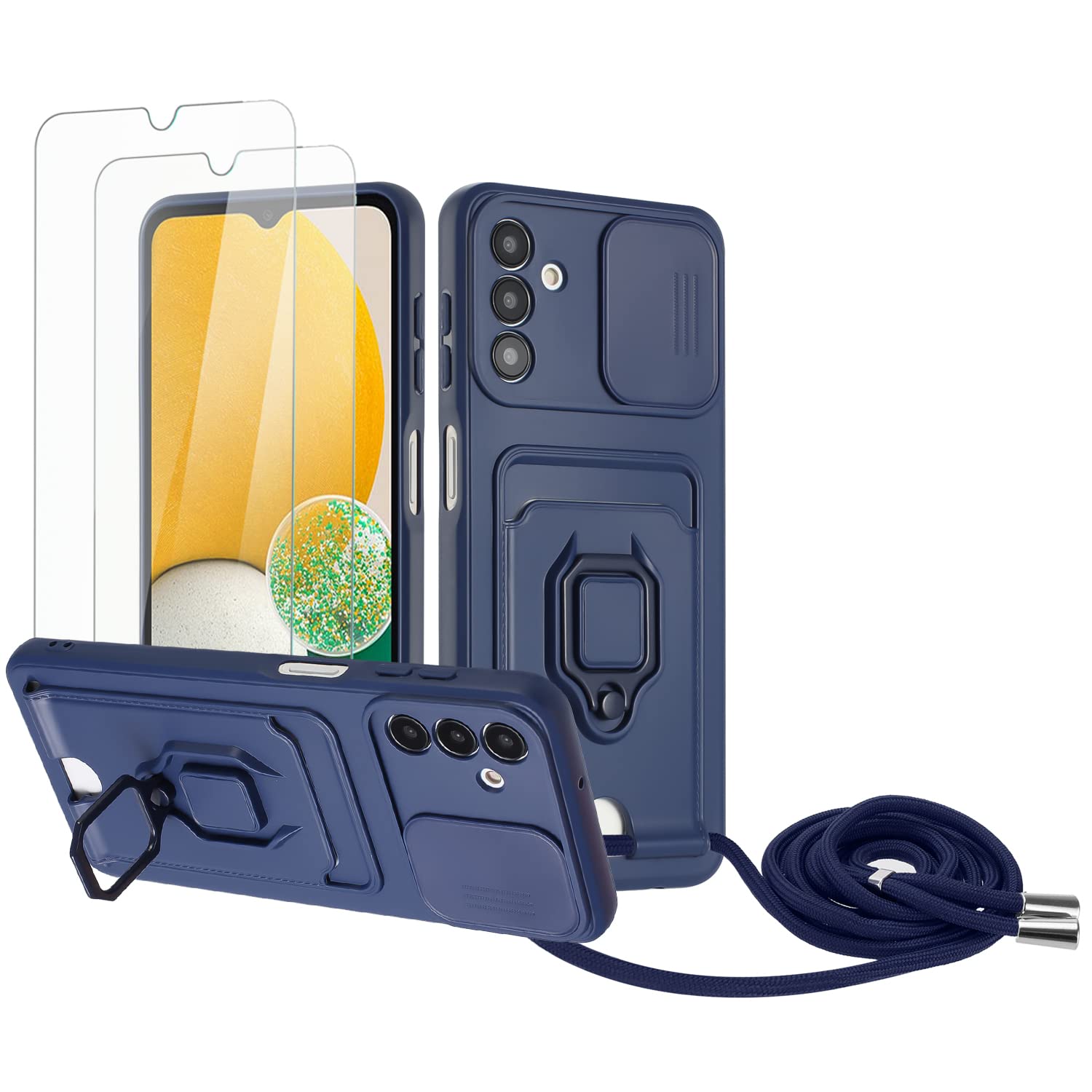 Zallagre Funda con Cuerda Compatible con Redmi Note 13 Pro 5G,[2 Packs Cristal Templado],Ranura para Tarjetas,Cubierta de Cámara Deslizante Proteger,360 Anillo Soporte-Morado — view 18
