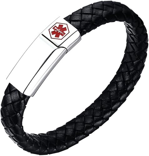 VNOX Grabado gratis brazalete de acero inoxidable de cuero genuino con alerta médica para hombres y mujeres, 8.3 pulgadas, Cuero, Sin gema