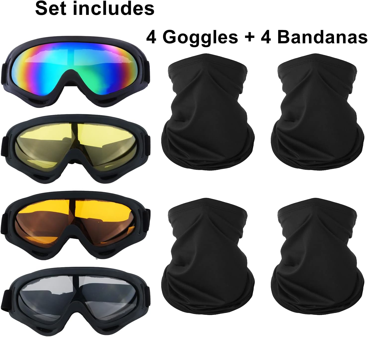 LJDJ Motorcycle Goggles,4 Pack Dirt Bike ATV Motocross Riding Offroad Protective with 4 Pack Neck Breathable Bandana Mask for Men Women Kids Youth Adult