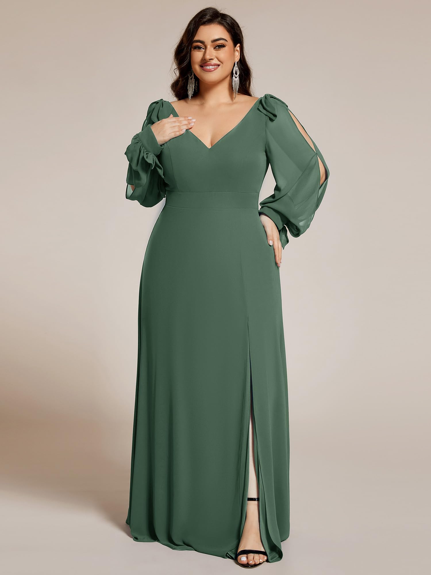 Ever-Pretty Abito formale da donna con scollo a V, elegante, in chiffon, a maniche lunghe, taglie forti, 80116-DA, Eucalipto, 56