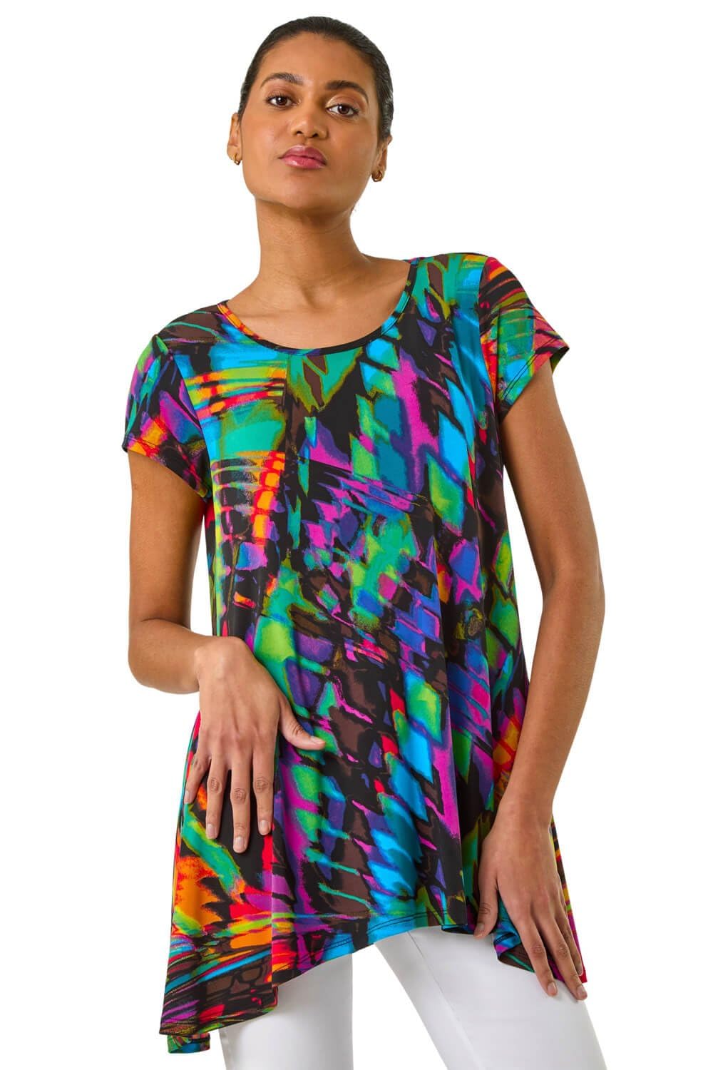 Roman Originals Women's Noir Hanky Hem Tunic Top For Uk - Longline Blouse Asymmetric Hemline Short Sleeves Casual Slouch Loose Summer Spring Relaxed Comfortable - Size 16
