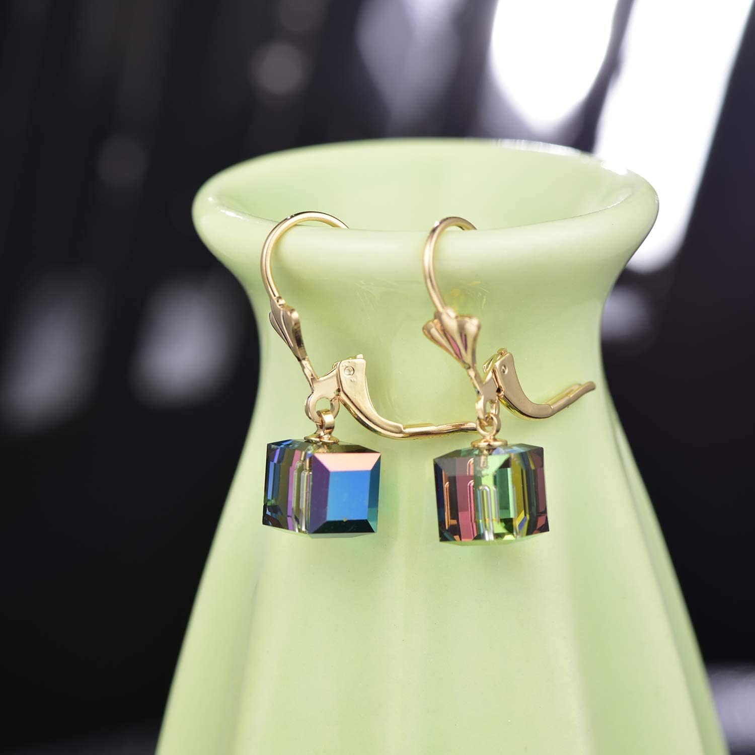 Austrian Crystal Cube Drop Earrings for Women Leverback Dangle Earrings 14K Gold Plated Hypoallergenic Jewelry - Image 5