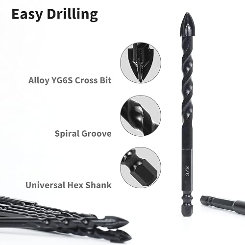 Miniatura 8 de Juego de 10 brocas para mampostería  Juego de brocas de hormigón de 14 pulgadas para azulejos, ladrillos, vidrio, plástico y madera, punta de