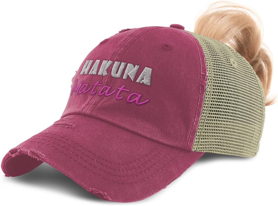 Womens Ponytail Cap Hakuna Matata Style B Cotton Distressed Trucker Hats